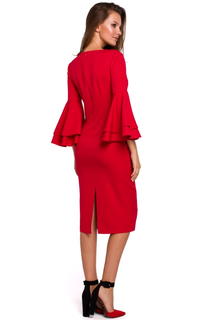 Sukienka Midi - Elegancka Ołówkowa Dekolt V - czerwona